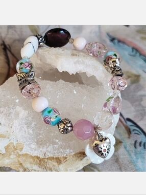 Murano Glass Lampwork Beads Faceted Pink Clear Acrylic Purple Stretch Bracelet